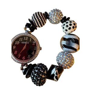 Geneva Womens Beaded Bracelet Watch With Rhinestone Bezel & Black/Silver/White B